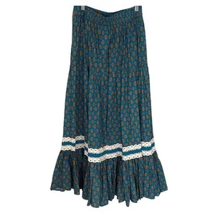 Luna Moon Tiered Maxi Skirt Teal Orange Floral Lace Trim Boho Festival‎ Medium thumbnail 5
