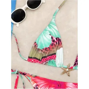 2 Piece Leopard Floral Bikini Swimsuit Halter Triangle String Bathing Suit SMALL Pink thumbnail 2