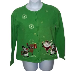 Classic Elements Vintage 90s Christmas Cardigan Green Embellished Holiday Sweater Grandma Core M thumbnail 7