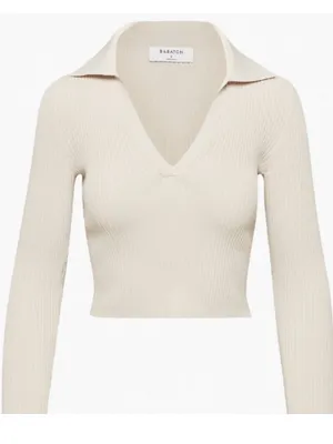 Aritzia Babaton Sculpt Knit Long Sleeve Polo Beige Taupe S thumbnail 3