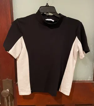Zara Black and White Mock Neck Colorblock Top thumbnail 1