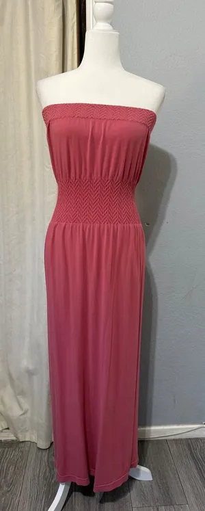 Lark + Grey Maxi Dress S/M Pink Strapless Smocked‎ Waist Rose Tube Summer Beach thumbnail 1