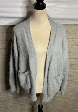& Merci Gray Fuzzy Knit Cardigan Sweater‎ Women's Size L Cozy Soft Lounge thumbnail 1