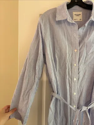 Abercrombie & Fitch Long Sleeve Belted Shirt Dress Blue Stripe Size Large Petite thumbnail 4