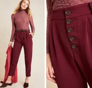 Anthropologie Sasha Button-Fly High Rise Tapered Burgundy Career Chic Trouser 2 thumbnail 2