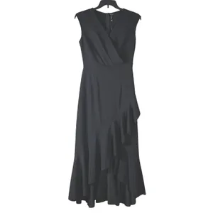 Black Sleeveless Wrap Midi‎ Dress Ruffle Hem Size L Feminine Party Formal Chic thumbnail 3