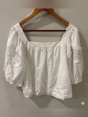Ann Taylor White Lace Inset Puff Sleeve Blouse - Size XL thumbnail 2