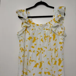 Marie Oliver‎ Yellow White Abstract 100% Silk Tiered Ruffle Maxi Dress Womens M thumbnail 2