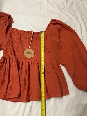 BiBi Rust Smocked Off-Shoulder Gauzy Cotton Peasant Blouse Coquette SZ L NWT thumbnail 5