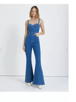 7 For All Mankind Beauty Denim Mega Flare Jumpsuit in Diana Blue Size M thumbnail 15