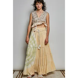 POL Shimmer Pattern Deep V Tie Front Tassel Ruffle‎ Hem Sleeveless Crop Top - M thumbnail 6