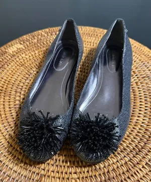 Calvin Klein Metallic Gunmetal Pebbled Ballet Flats Beaded Pom Pom Size 7.5 thumbnail 1