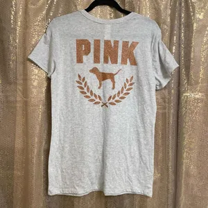 PINK Victorias Secret Rosegold Gray Glitter Logo T-Shirt, M NWT thumbnail 2