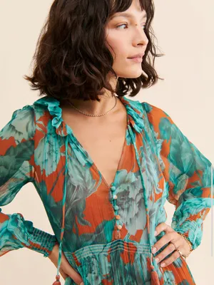 Anthropologie The Marais Printed Tiered Teal Floral Maxi Dress Boho Floral XS thumbnail 10