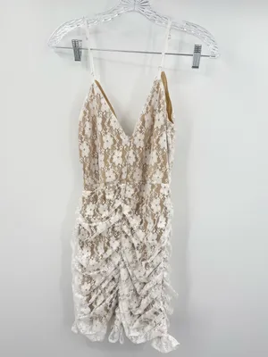 Lulus Women's Frilled To Be Here‎ White Lace Ruched Mini Dress Size Medium thumbnail 3