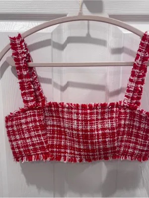 Self Portrait Red & White Boucle Square-Neck Crop Top size 6 thumbnail 11