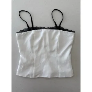White Satin Lace Trim Cami Top Women’s Adjustable Straps Y2K Minimalist thumbnail 2
