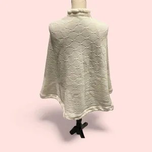 Vintage 70’s creamy white textured sweater knit cape button front tall collar thumbnail 3
