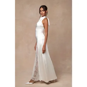Lulus Concetta Ivory Satin Lace Halter Maxi Dress Wedding Bridal Small NWT thumbnail 6