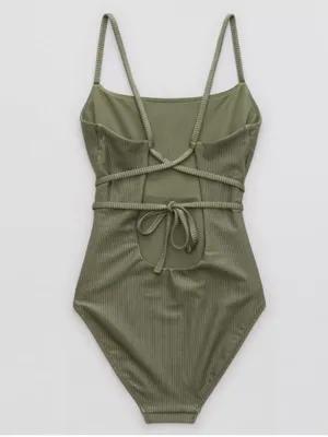Aerie Shine Ribbed Strappy Scoop Olive Green One Piece Wrap Around Tie Swimsuit thumbnail 2