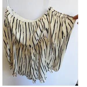 Wild Honey Womens Off Shoulder Romper Cream‎ Black Stripe Balloon Sleeve Medium thumbnail 6