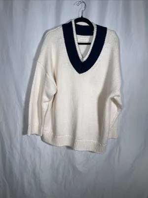 Abercrombie & Fitch Womens Merino Wool Chunky V Neck Sweater Ivory Navy Blue Xl thumbnail 2