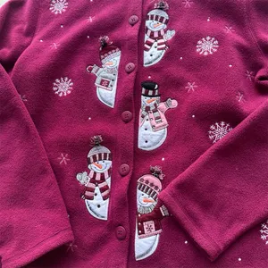 Vintage‎ Snowman Christmas Button Up Fleece Cardigan Burgundy Size Large thumbnail 2