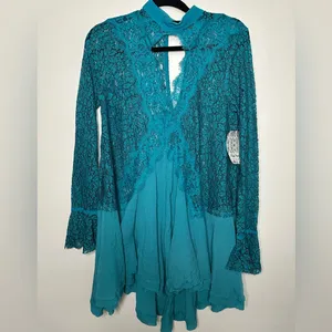 NWT Free People Tell Tale Ocean Blue Lace Tunic Top Dress XS thumbnail 4