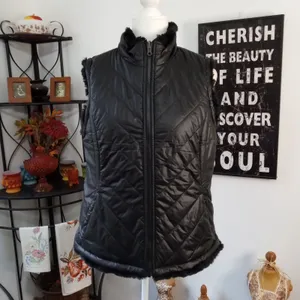 Nicole Miller Large Women's Reversible Black Faux Fur Puffer Vest Jacket thumbnail 2