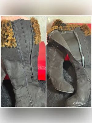 Aerosoles Grape Leaves Boots 7.5 Black Faux Suede Leopard Fur Knee High Heeled thumbnail 5