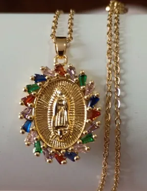 Gold Virgin Mary Pendant Necklace with Multicolored Stones thumbnail 1