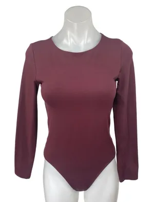 Aritzia Babaton Red Maroon Long Sleeve Crew Neck T Shirt Bodysuit Top Size L thumbnail 1