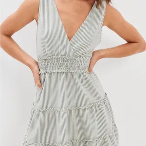 American Eagle Outfitters Sage Stripe V-Neck Tiered Midi Dress thumbnail 1