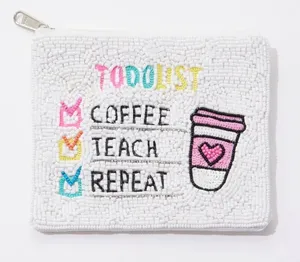 “Coffee, Teach, Repeat" Beaded Coin Pouch for Teacher's Day thumbnail 1