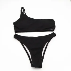 2 Piece Bikini Set Womens Small Black Textured One Shoulder Swimsuit Beachwear thumbnail 2