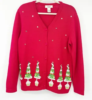 Bechamel Womens VTG Vintage Christmas Tree Ugly Christmas‎ Cardigan Sweater L thumbnail 1