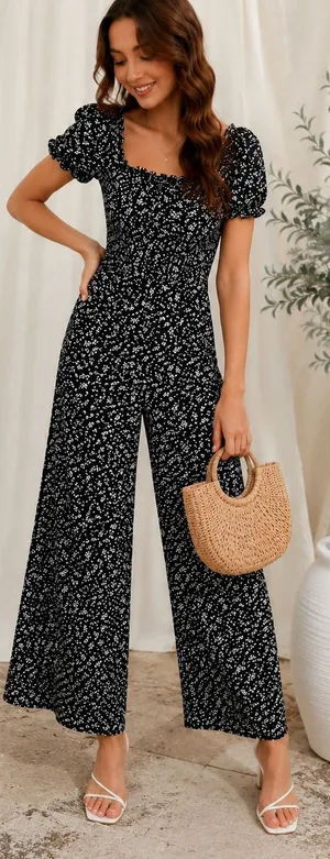 TRIXXI Black Floral Wide Leg Jumpsuit Puff Sleeve Smocked Back S thumbnail 1