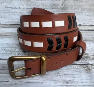 Fossil Leather Belt Size L 36.5" Brown Boho Chevron Whipstitch Western Festival thumbnail 1