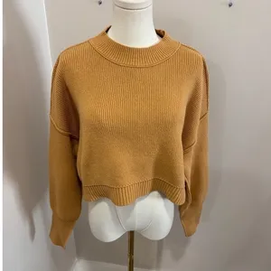Free People Mustard Yellow‎ Ribbed Mock Neck Cropped Boxy Sweater thumbnail 2