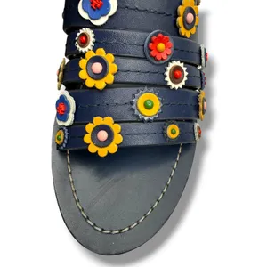 Tory Burch Marguerite Sandals 8 Navy Leather Floral Summer Casual‎ Boho thumbnail 10