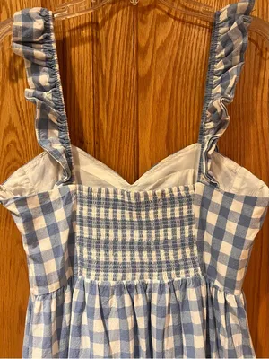 English Factory Sweetheart Neck Ruffle Gingham Midi Dress Blue White Size Medium thumbnail 9