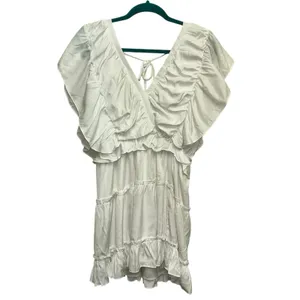 Glam White Ruffle Mini Dress Boho Cottagecore Tie‎ Back Flowy Babydoll Large thumbnail 2