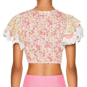 LoveShackFancy Kielle Crop Top Size Medium Pink Floral Twist Front Ruffle Sleeve thumbnail 3