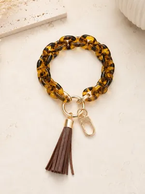 Tortoise Shell Acrylic Key Ring Bracelet Wristlet Tassel Brown Gold NWT thumbnail 3