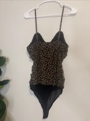 ee:some floral Print Ruched Black Bodysuit Medium thumbnail 6