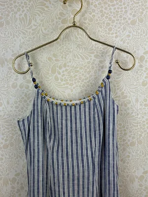 Calypso St. Barth Linen Blue White Striped Beaded Strap Maxi Dress - Size - XS thumbnail 9