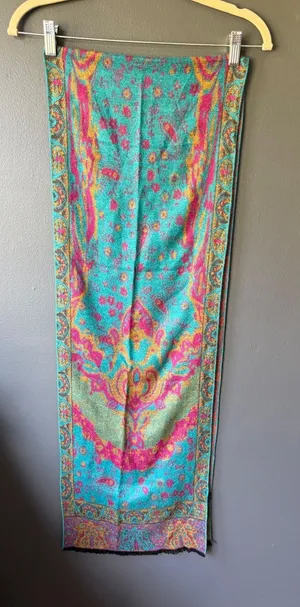 100% Silk Turquoise and Coral Floral Shawl Wrap thumbnail 1