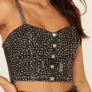 💙💖 NEW Boot Barn Denim Studded Cropped Bustier Top Gray Size XS thumbnail 1