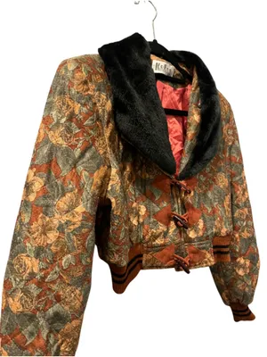Vtg 80s 90s Kofoo Cropped Tapestry Bomber Jacket Faux Fur Collar Floral Size S/M thumbnail 7