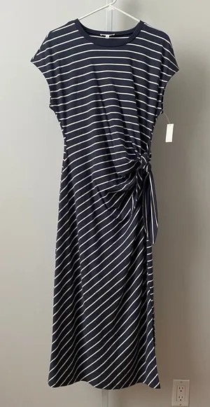 Haven Well Within M‎ Navy White Striped Midi Dress Side Tie Nautical Casual thumbnail 1